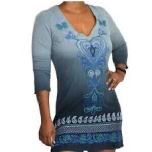 Johnny Was  Embroidered Blue Ombré Cotton Tunic/Dress Women's SZ L